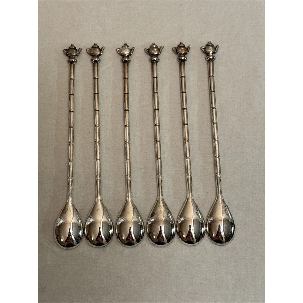 Silver Plated Tea Coffee Stirrer Spoons Set 6 Teapot Topper Color Stones 7.5